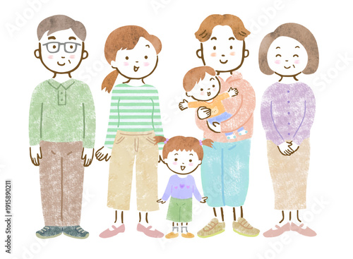 三世代家族のイラスト/赤ちゃんを抱っこする父親と母親とお姉ちゃん、祖父母