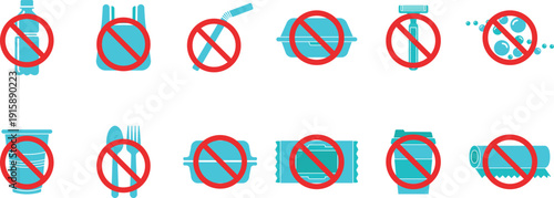 Plastic Free Warning Symbols Collection, Ban Disposable Items Eco Sustainability Vector Icons