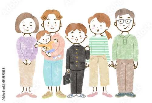 三世代家族のイラスト/赤ちゃんを抱っこする父親と母親と制服を着た兄、祖父母	
