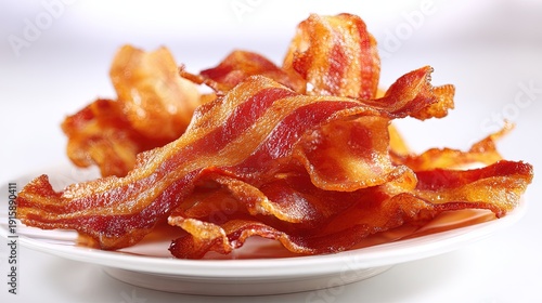 Crispy cooked strips of streaky pork bacon piled high on a simple white plate