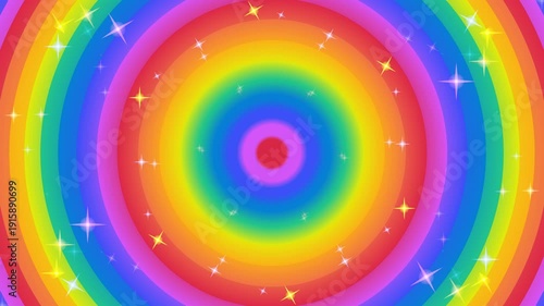 Vibrant rainbow colors radiate outward from the center in concentric circles with sparkling stars and a bright red focal point illustration
