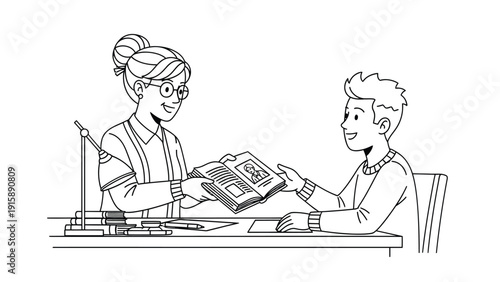 Smiling educator hands book to young student at desk. Education, library, and learning concept. Black and white line art.
