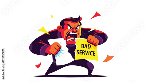 Angry customer tearing 'BAD SERVICE' note, symbolizing dissatisfaction and complaint