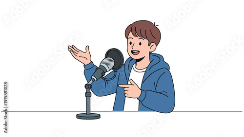 Young Man Podcasting into Microphone: Youth Speaker Recording Audio for Online Broadcast