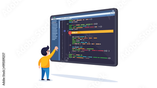 Tiny developer interacting with huge virtual screen displaying programming code. Software development, coding, learning, and debugging concept.