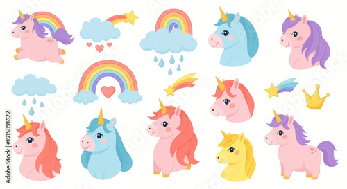 Cute Unicorn Vector Set with Rainbows, Clouds, and Magic Elements. Cartoon Pastel Fairytale Pony Collection for Kids' Design, Stickers, and Decoration.