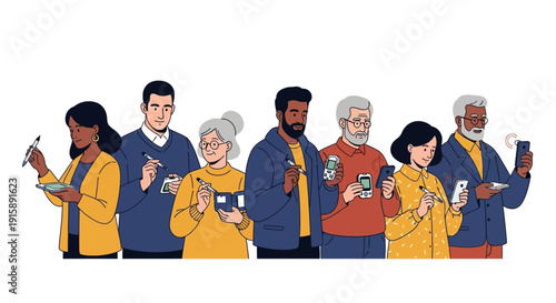 Diverse Group Using Mobile Devices: Data Entry, Digital Poll, and E-Signature Technology Illustration