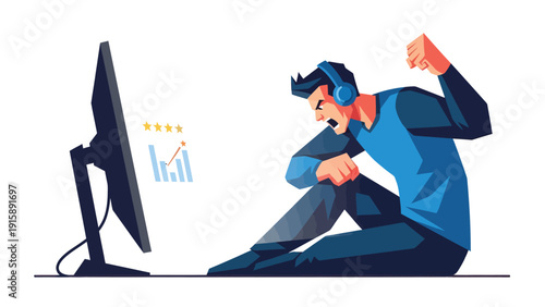 Angry man with headphones yells at computer screen, frustrated by bad online performance or data. Digital rage concept.