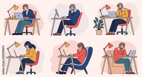 Work Burnout and Stress Set. Exhausted Employees Suffering from Fatigue, Depression, and Mental Health Issues While Working Remotely. Vector Illustration.