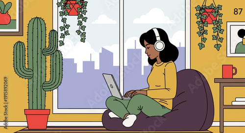 Work From Home Concept. Woman with headphones working on laptop comfortably seated on a beanbag chair in a bright, modern, plant-filled urban apartment.