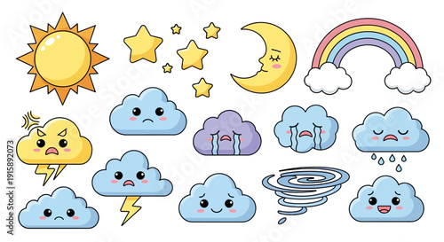 Kawaii Weather Icons Set. Cute Cartoon Clouds with Emotions (Happy, Sad, Angry), Sun, Moon, Stars, Rainbow, Storm, and Rain Symbols.