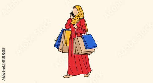 Muslim Woman in Hijab Holding Shopping Bags and Talking on Smartphone. Modern Modest Fashion Retail Consumer Illustration.
