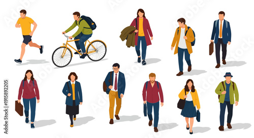 Diverse set of 10 people walking, running, and cycling. Commuters, students, and active lifestyle figures. Flat vector illustration isolated on white.