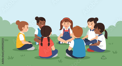 Diverse Group of Happy Children Sitting in a Circle on Grass, Playing Games and Learning Outdoors - Flat Vector Illustration.