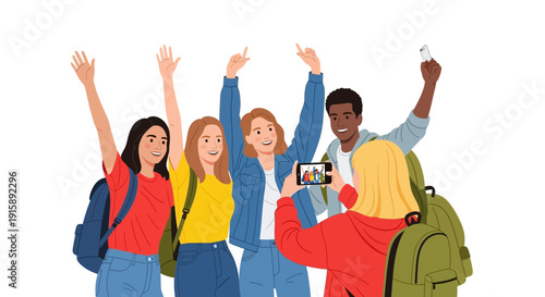 Group of diverse young friends taking a photo with smartphone. Happy students or travelers celebrating friendship and adventure. Vector illustration isolated on white.