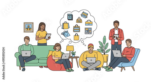 E-commerce and Online Shopping: Group of diverse people using laptops and tablets to browse goods at home. Digital consumer lifestyle vector illustration.