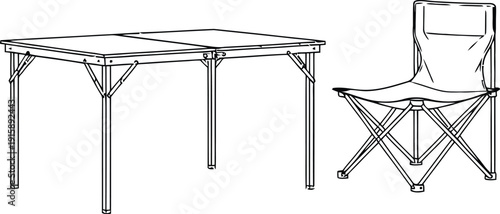 A simple line drawing of a table and chair on a white background.