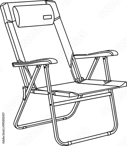 A simple line drawing of a folding camping chair with a reclined backrest.