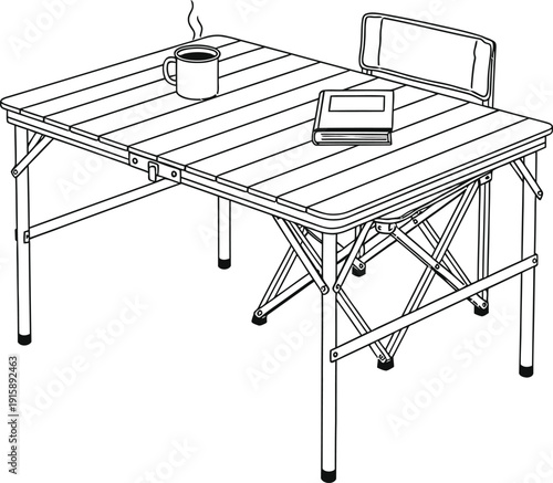 A technical drawing of a portable folding picnic table with bench.