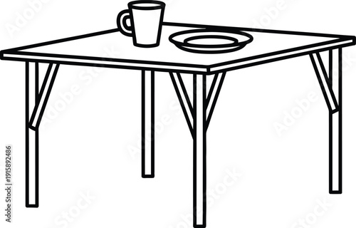 A simple table with a cup and a plate on it in a minimalist style.