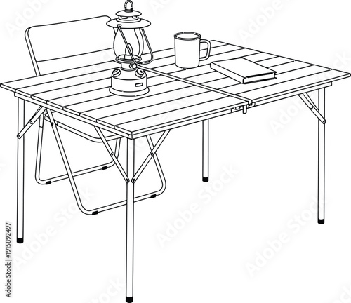 A simple line drawing of a portable grill and table setup for outdoor use.