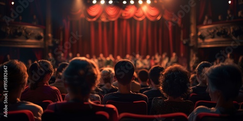 Audience enjoying a theatrical performance in a grand, opulent theater with red velvet curtains and spotlight illumination