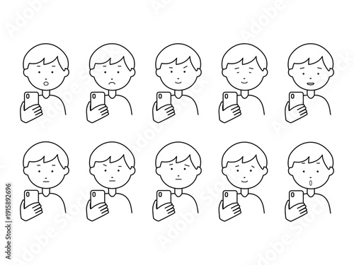 線画　スマホを見る男性　表情10選