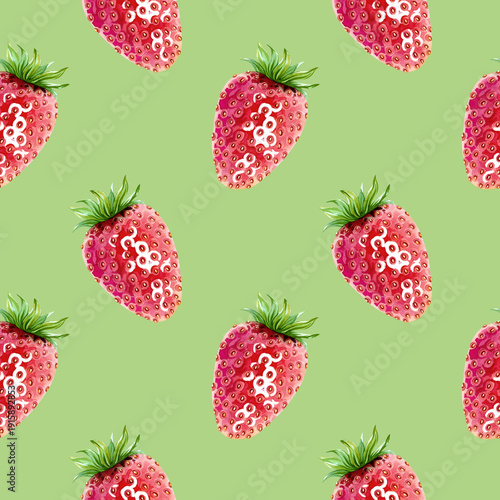 A seamless pattern for fabric or packaging featuring a juicy strawberries. A simple yet elegant endless, delicious fresh red berry with green leaves on top pattern. Hand drawn watercolor illustration