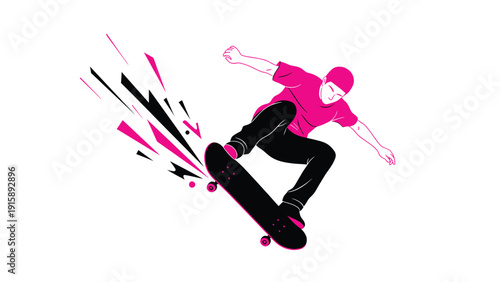 Dynamic Skateboarder Graphic Illustration. Vibrant Extreme Sport Athlete Performing Trick with Motion Lines in Pink and Black.