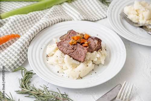 Fotografie Hearty American food. Beef pot roast with roasted veggies