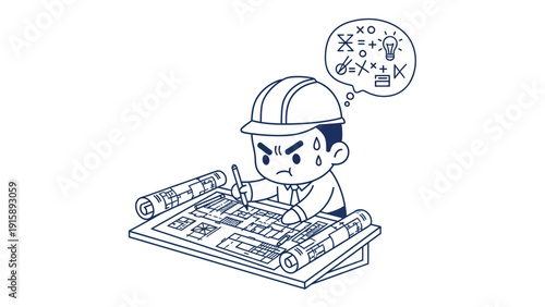Stressed Engineer Cartoon Character Working on Blueprints, Overwhelmed by Design Problems