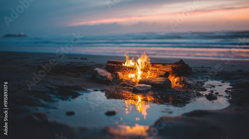 Campfire on beach with flames water reflection and ocean sunset background