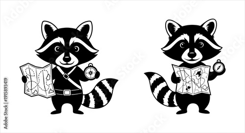 Animated raccoons with maps and compasses ready for exciting outdoor adventure and discovery journey