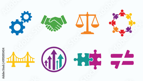 Business, Social & Community Icons: Progress, Diversity, Justice, Collaboration, Connection, Problem Solving, Inequality, Growth Vector Set