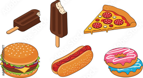 Colorful illustration of popular fast food and desserts including pizza, burger, hot dog, donuts, ice cream bars, ideal for culinary and nutrition themes