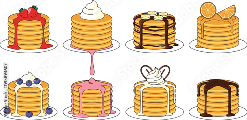 Colorful pancake stacks with diverse fruit, syrup, and cream toppings—ideal for breakfast visuals, dessert menus, and food styling photography themes.