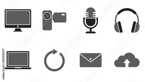 Digital Media & Communication Icons Set - Technology Devices, Cloud, Email, Refresh