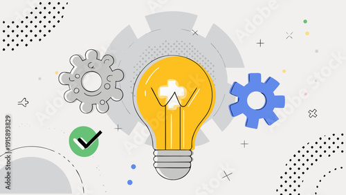 A bright idea illustration of a lightbulb with gears and positive symbols