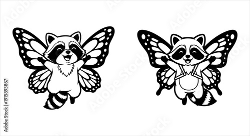 Cute anthropomorphic raccoon butterfly hybrid illustration in black and white