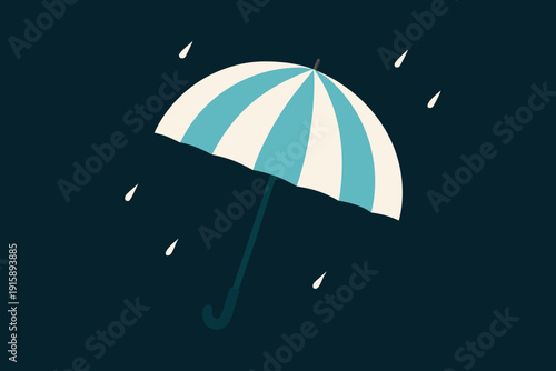 A simple illustration of a blue and white striped umbrella with raindrops