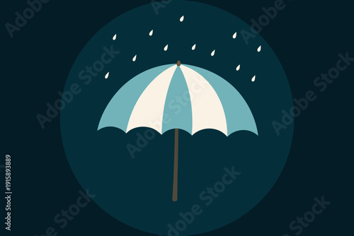 An illustration depicting a blue and white striped umbrella under falling raindrops