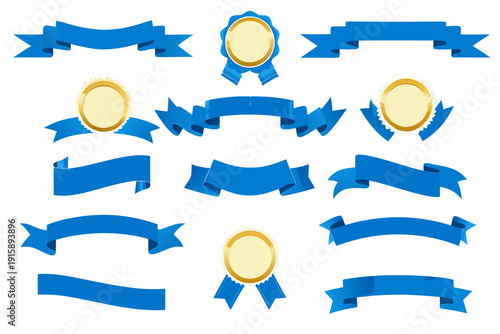 Collection of blue ribbons and golden badges isolated on white