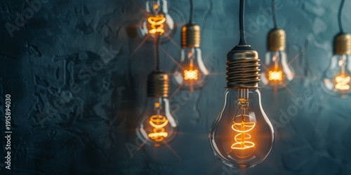 Illuminated Vintage Edison Bulbs Hanging from the Ceiling with a Dark, Textured Background