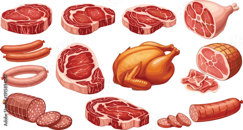 Colorful illustration of assorted meat products including raw beef, sausages, ham, salami, and roasted chicken for culinary, educational, or food design use.