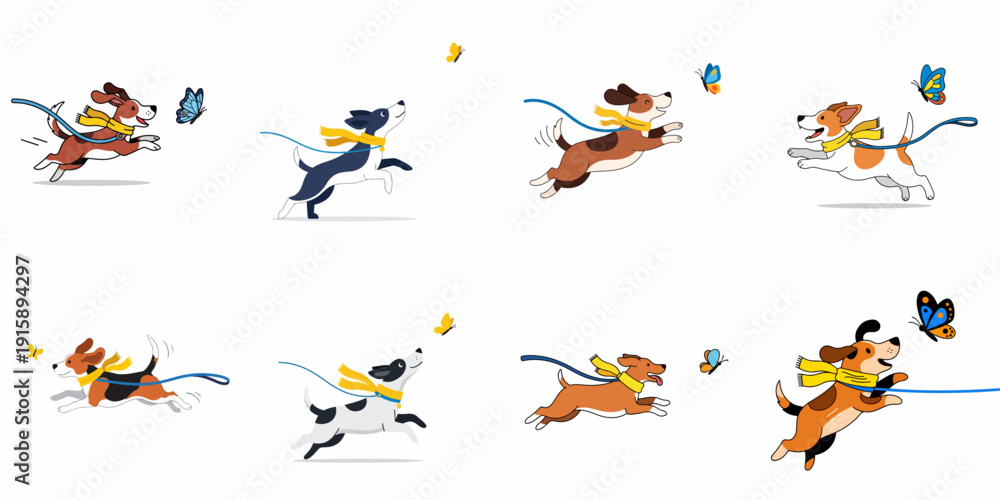 Obraz premium Eight cheerful cartoon dogs happily running and jumping to catch colorful butterflies while wearing yellow scarves and leashes, isolated on white.
