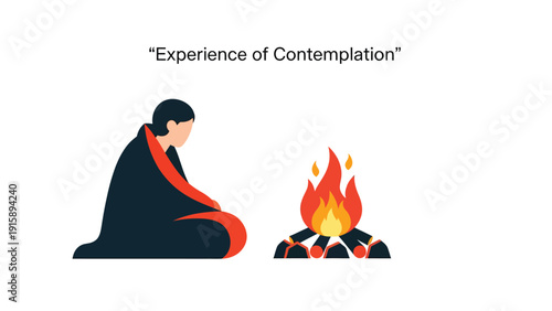 Person contemplating by a campfire. Flat vector illustration of meditation, peace, and solitude.