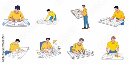 Set of illustrations showing an architect or engineer designing a construction plan, working on blueprints, technical drawings, and floor plans.