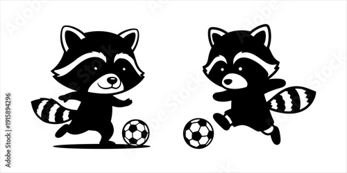 Cute raccoons playing soccer, funny animal cartoon illustration