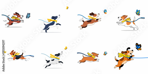 Eight cheerful cartoon dogs happily running and jumping to catch colorful butterflies while wearing yellow scarves and leashes, isolated on white.