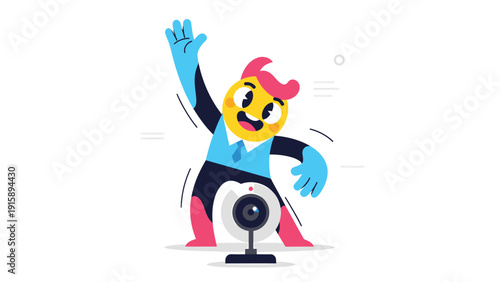 Happy cartoon character waving at webcam for online video call or live stream. Digital communication concept.